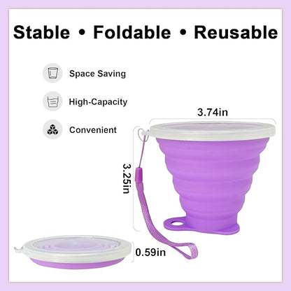 Guyuyii 2 Pcs Collapsible Cup - Ultrathin Folding Silicone Cup with Lid and Rope - Reusable, Portable, Eco-Friendly Mug for Travel, Camping, Hiking, and Outdoor Adventures