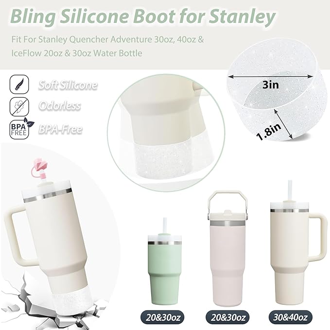 Stanley Cup Accessories Set Including 2 Pcs Straw Cover Cap for 9-10 mm Straws, 15 Pcs 3D Stickers, 2 Pcs Handle Charms, 1 Pcs Bling Silicone Boot Sleeve for Stanley Cup 40oz & 30oz Tumbler