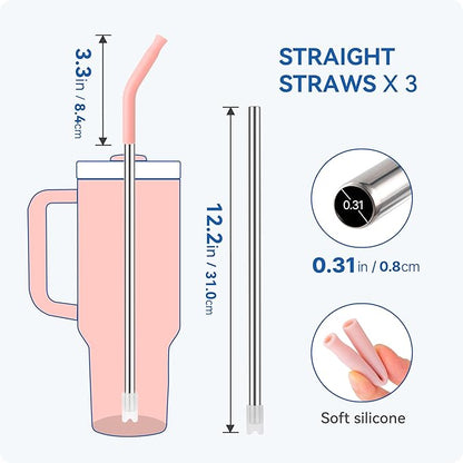 Reusable Metal Straws with Silicone Tip for Stanley 40oz,Stainless Steel Drinking Straws for 40oz Tumbler,3 Straight Tubes & 6 Tips& 1 Cleanr Brush(Transparent)
