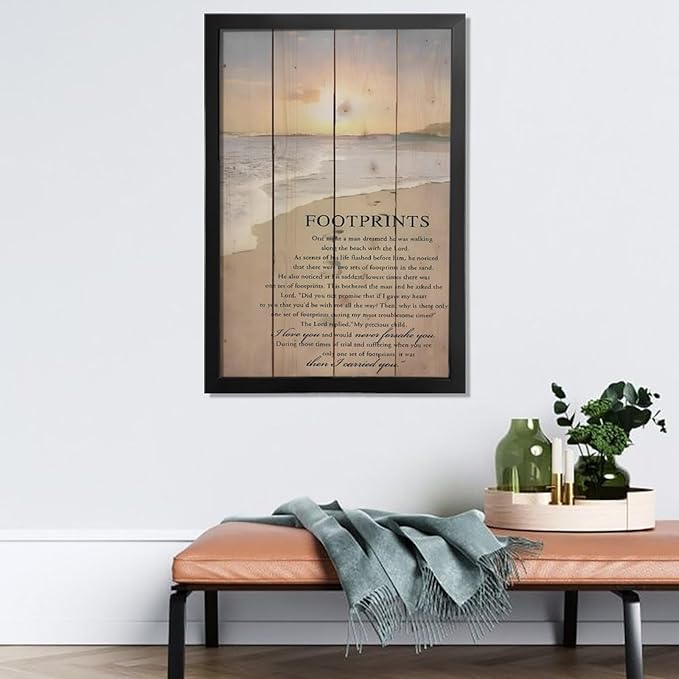 Footprints in the Sand Religious Canvas Wall Art Posters, Inspirational Beach Sunset Poem Print Poster (Black Framed 20x30inch, Footprints(1))