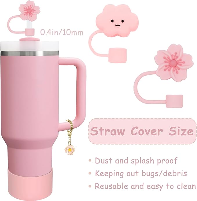 Stanley Cup Accessories Set,Including 2 Pcs 0.4in Straw Cover, 1 Silicone Spill-Proof Stopper Set of 3, 1 Cute Flowers Handle Charm, 1 Silicone Boot Fits Stanley 40&30 Oz Tumbler (Pink 2.0)