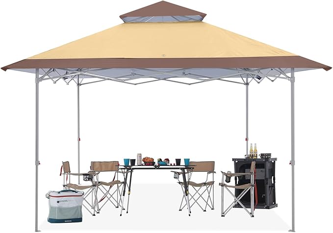 ABCCANOPY 13x13 Pop Up Canopy Base on 10x10 Canopy Frame with Double Ventilated Top, 4 Sandbags, 4 Ropes and 8 Stakes (Beige)
