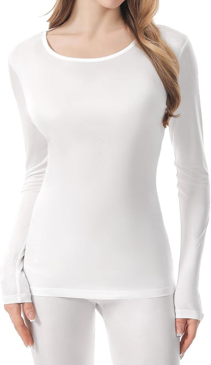 100% Mulberry Silk Long Sleeve Top for Women Thermal Base Layer Shirt Lightweight Breathable Underwear with Gift Box