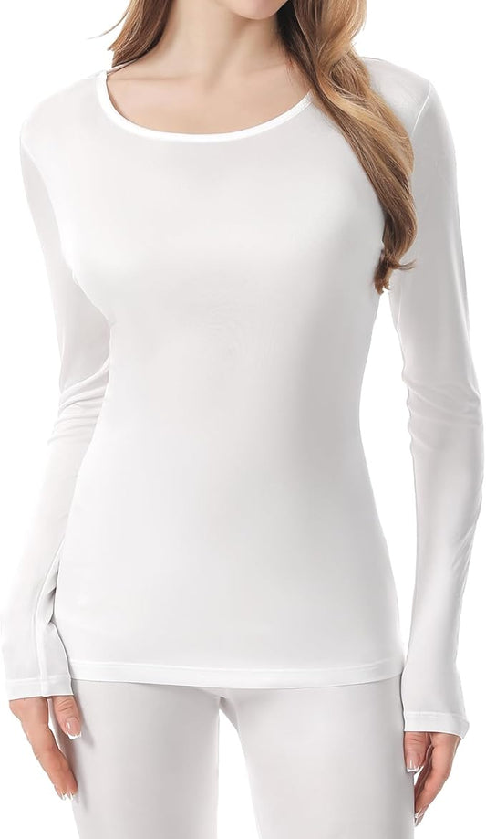 100% Mulberry Silk Long Sleeve Top for Women Thermal Base Layer Shirt Lightweight Breathable Underwear with Gift Box