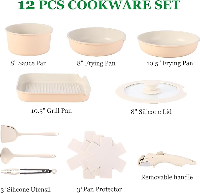 12 PCS Kitchen Cookware Set with Detachable Handle, Pots and Pans Sets Non Stick, Induction Pan Set for RV Cookware,Oven Safe, PFOA Free(Hazelnut)