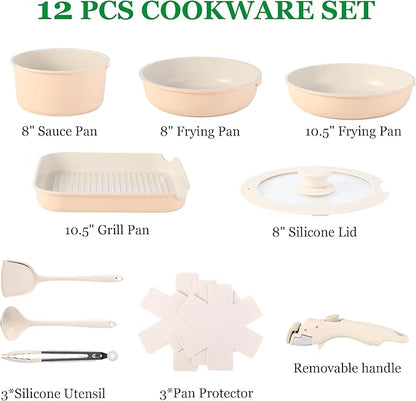 12 PCS Kitchen Cookware Set with Detachable Handle, Pots and Pans Sets Non Stick, Induction Pan Set for RV Cookware,Oven Safe, PFOA Free(Hazelnut)
