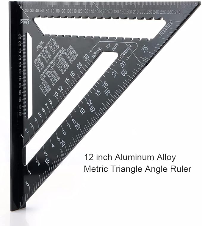 ASNOMY 7 Inch & 12 Inch Triangle Ruler, Black Triangle Ruler Rafter Square Protractor, High Precision Aluminum Alloy Triangle Rulers,Layout Measuring Tool for Engineer Carpenter（Metric and Imperial）
