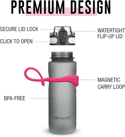 Tritan Sports Water Bottle with Magnetic Silicone Carry Strap & One Click Open Cap - Magnetic Drink Holder for Metal Equipment - Bottle w/Straps for Backpack, Belt & More (30oz, Fuchsia)