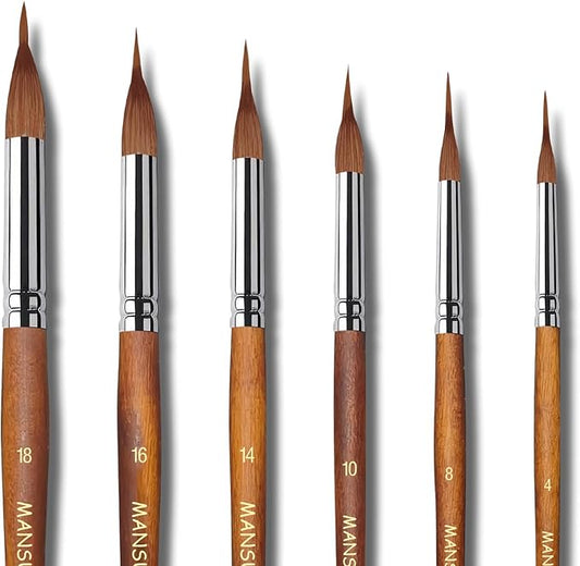 Watercolor Brushes Set,6Pcs Extended Needle Point Brushes Synthetic Extra Long Pinhead Brush with Sable Body Continuous Painting for Watercolor Acrylic Gouache Inks Painting