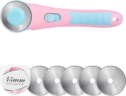 Headley Tools Rotary Cutter with 5pcs 45mm Rotary Blade, Bearing Design Rolling Cutter with Safety Lock for Fabric Sewing Quilting Cloth Leather Paper and Arts & Crafts(Pink)