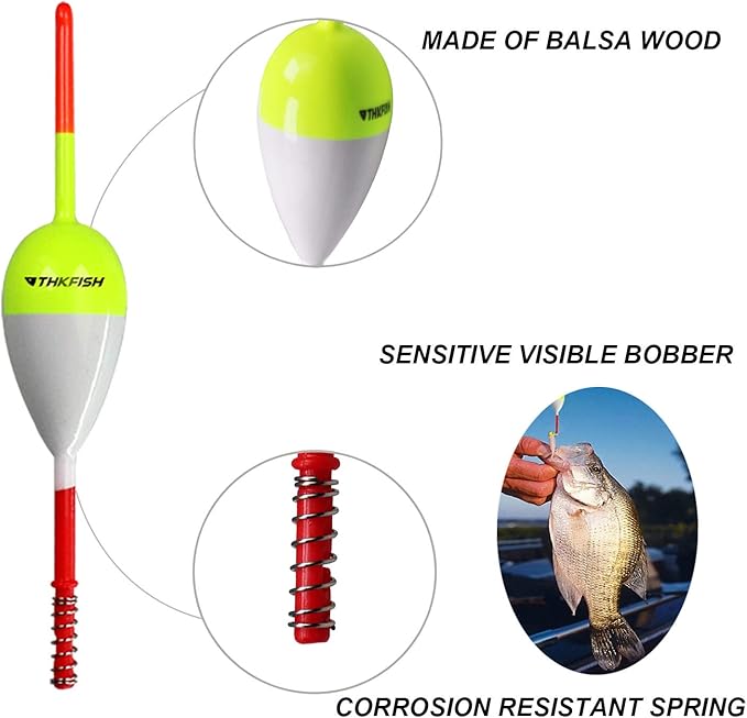 THKFISH Fishing Floats and Bobbers Balsa Wood Floats Spring Bobbers with Oval Slip Bobbers for Crappie Panfish Walleyes Fixed Bobber (1"X0.7"X6") (1.25"X0.75"X6") (2"X1.14"X5.86") 5pcs