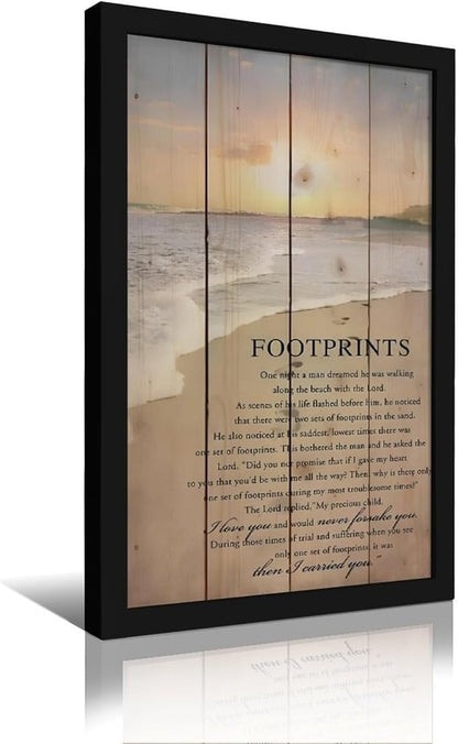 Footprints in the Sand Religious Canvas Wall Art Posters, Inspirational Beach Sunset Poem Print Poster (Black Framed 20x30inch, Footprints(1))