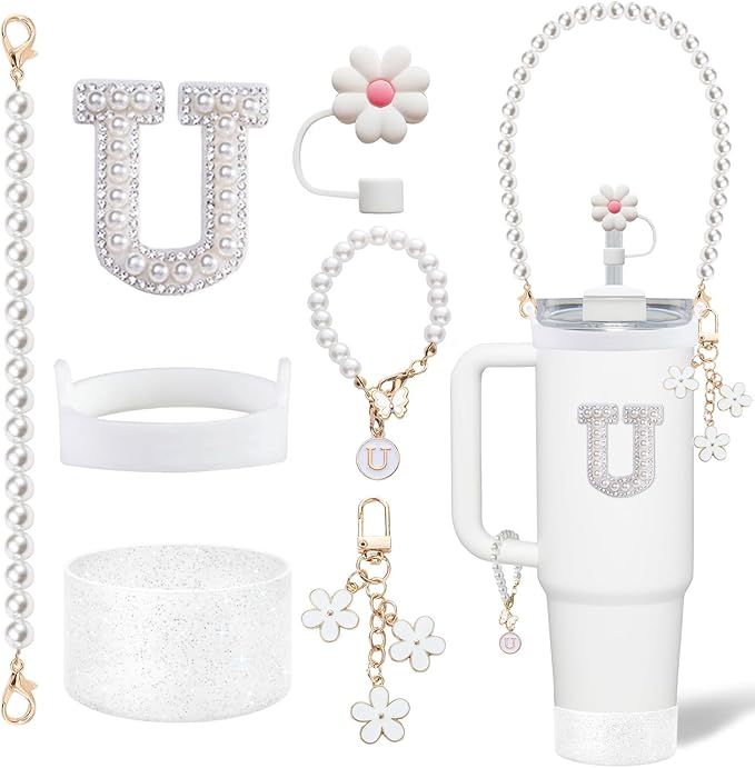 Accessories Set for Stanley - Water Bottle Carrying Pearl Strap, Handle Letter Charms Sticker, Silicone Boot Straw Cover for 40oz & 30oz Tumbler Accessory Kit