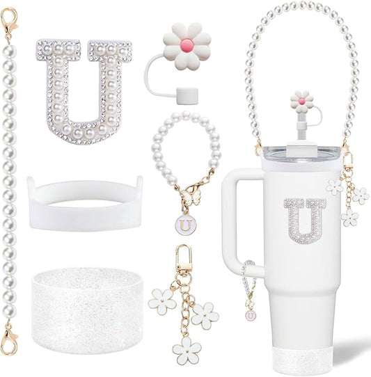 Accessories Set for Stanley - Water Bottle Carrying Pearl Strap, Handle Letter Charms Sticker, Silicone Boot Straw Cover for 40oz & 30oz Tumbler Accessory Kit