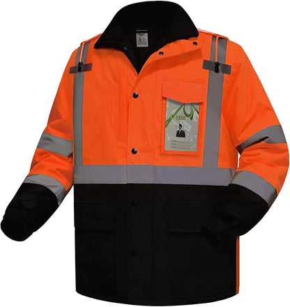 Reflective Jackets for Men, High Vis Safety Work Jacket with Pockets, Construction Coats for Cold Weather, Waterproof Rain Gear, Class 3, Orange-Black Long, L