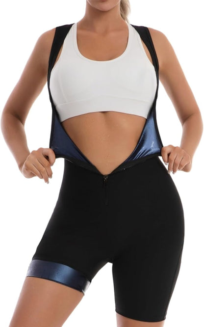Sauna Suit Waist Trainer for Women, Full Body Waist Trimmer Vest Jumpsuit With Sleeve Shorts for Lower Belly Fat