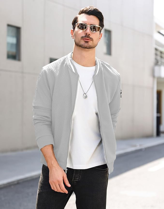 Mens Casual Jacket Loose Fit Lightweight Jacket Varsity Bomber Jacket with Zipper