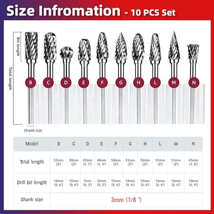Carbide Burr Set 1/8" Inch Shank（3mm）Diameter，10PC Tungsten Double Cut Rotary Die Grinder Bits- Cutting Burrs for Aluminum Metal Wood Carving, Engraving,Polishing,Drilling