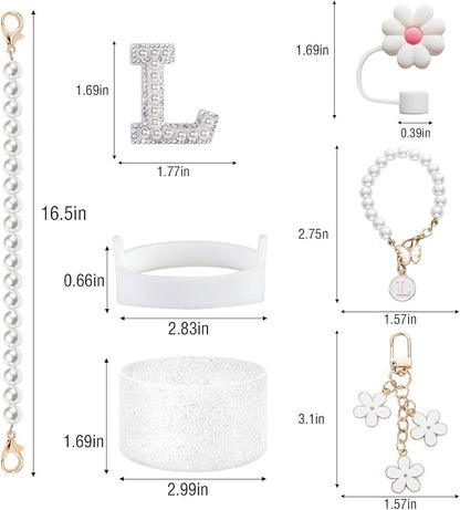 Stanley Cup Accessories Set - Including Water Bottle Carrying Pearl Strap, Handle Letter Charms Sticker, Silicone Cups Boot Straw Cover for 40oz & 30oz Tumbler Accessory Kit