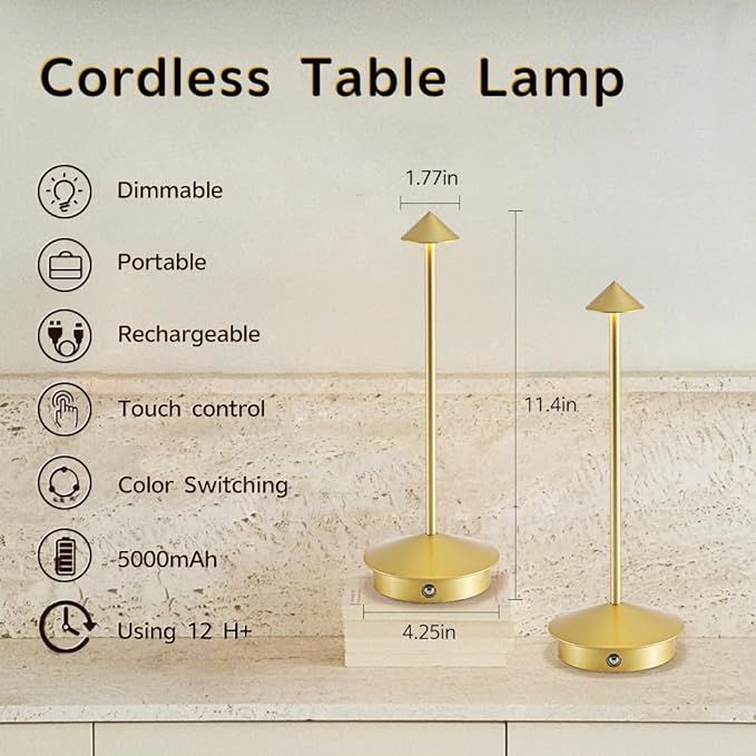 EJQ 2 Pack LED Rechargeable Cordless Table Lamps,Portable Outdoor 5000mAh Battery Operated Table Light Touch Control 3 Color Dimmable for Patio/Cofee/Restaurant/Camping/Dining/Bedroom-Gold
