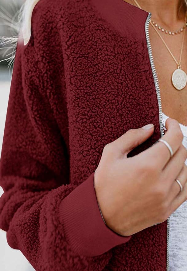 MIROL Women's Fall Trendy Fleece Jacket Faux Sherpa Fuzzy Casual Long Sleeve Zip Up Loose Fit Bomber Winter Coat