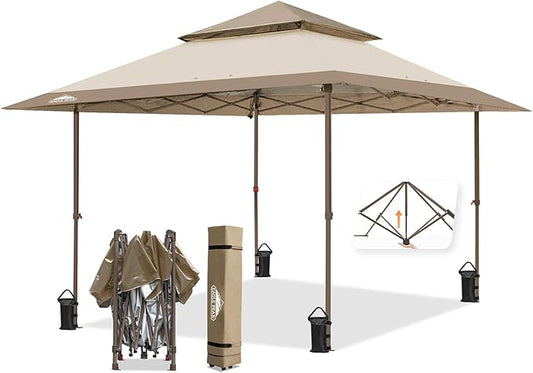 EAGLE PEAK 13x13 Straight Leg Pop Up Canopy Tent Instant Outdoor Canopy Easy Single Person Set up Folding Shelter w/Auto Extending Eaves 169 Square Feet of Shade (Beige)