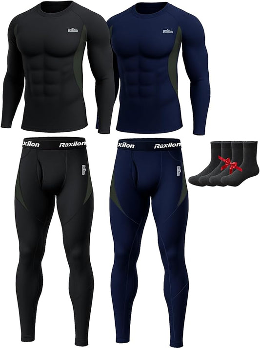 2 Pack Thermal Underwear Long Johns for Men Fleece Lined Base Layer Tops and Bottoms Set Cold Weather Winter Gear