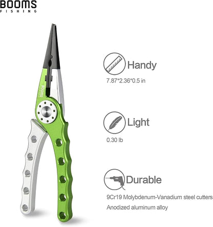 Booms Fishing X1 Aluminum Fishing Pliers Saltwater, Surf Fishing Tackle Kit, Fishing Multitool Hook Remover Braided Fishing Line Cutting and Split Ring with Coiled Lanyard and Sheath