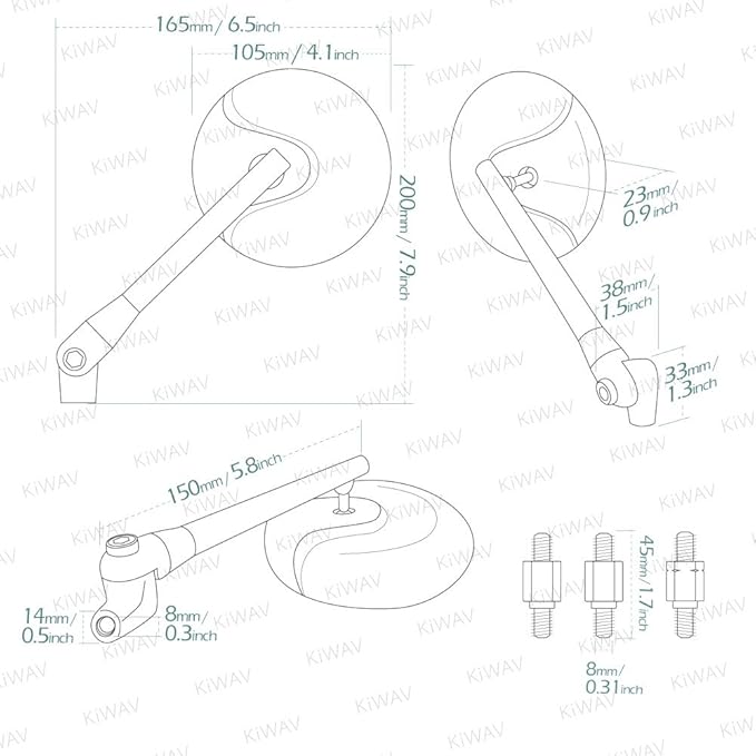 KiWAV Magazi Motorcycle Mirror retro black 8mm for scooter moped atv pair