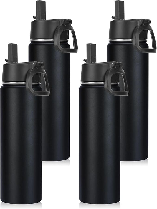 Neihepal 22 oz Insulated Water Bottles Bulk, Double Walled Vacuum Stainless Steel Water Bottle Multipack with Leak Proof Straw Lid for Men, Adults, Kids, Gym, Sports (Black,4 Pack)