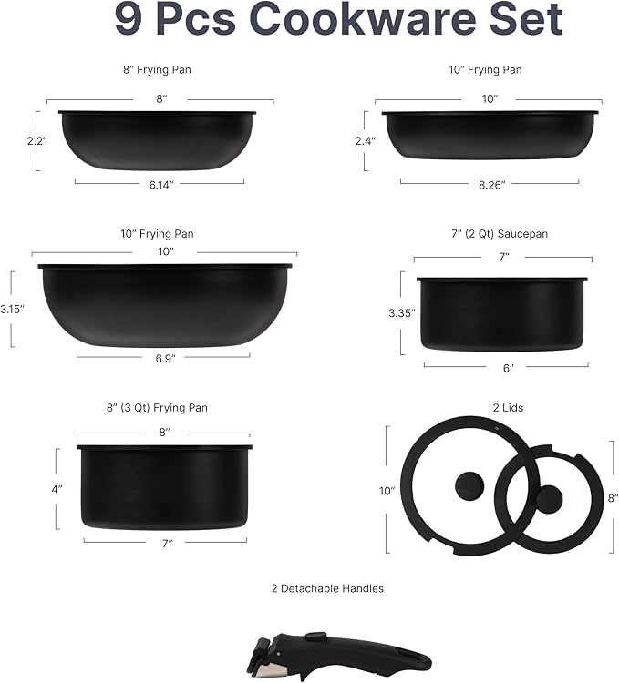 Daniks 9-Piece Nonstick Cookware Set, Ceramic Induction Pots and Pans with Detachable Silicone Handles, Oven & Dishwasher Safe, Black