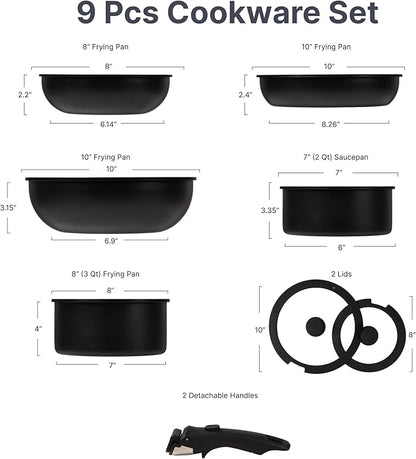 Daniks 9-Piece Nonstick Cookware Set, Ceramic Induction Pots and Pans with Detachable Silicone Handles, Oven & Dishwasher Safe, Black