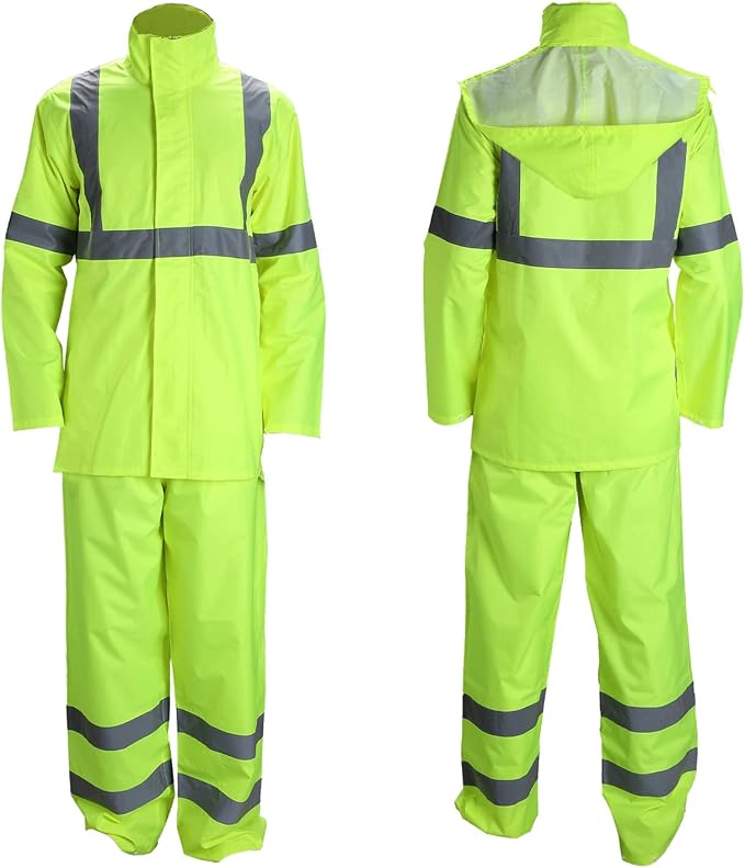 FONIRRA Class 3 High Visibility Rain Suit With Collapsible Hood Lime Reflective Safety Waterproof Worker Jacket & Pants (4XL/5XL Yellow)