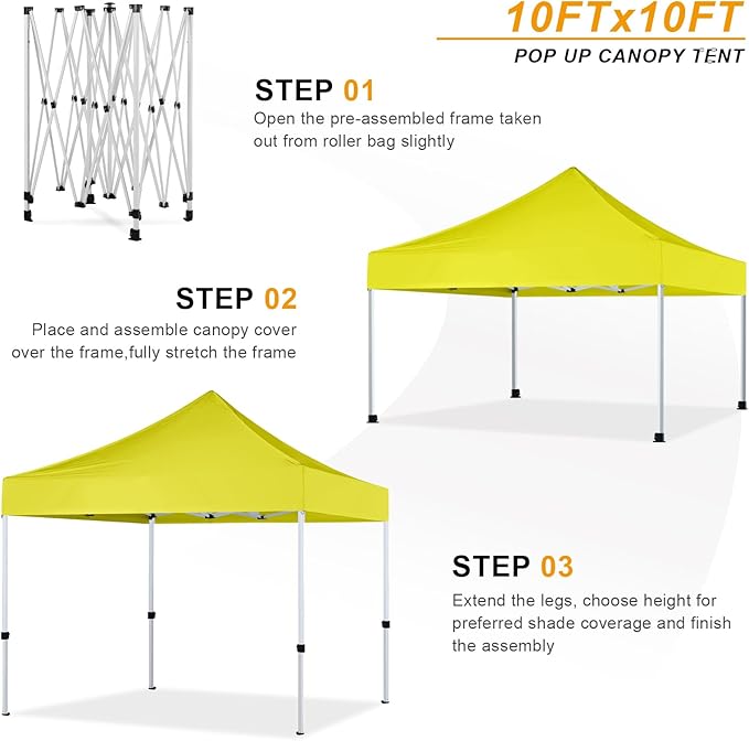 Pop Up Canopy Tent 10x10 for Outdoor Heavy Duty Commercial Instant Sun Shelter,with Wheeled Carry Bags,4Ropes and Stakes and 4 sandbags,Lemon Yellow
