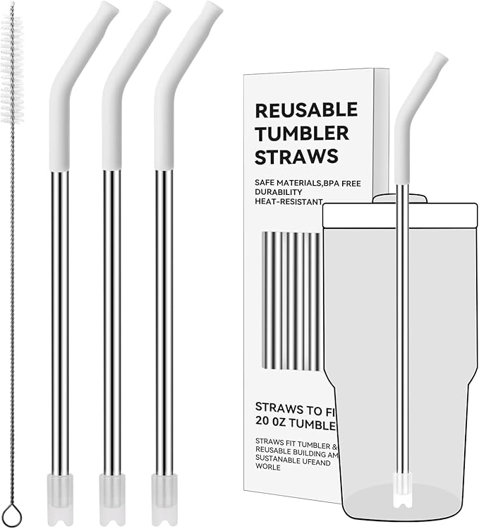 Reusable Metal Straws with Silicone Tip for Stanley 20oz,Stainless Steel Drinking Straws for 20oz Tumbler,3 Straight Tubes & 6 Tips& 1 Cleanr Brush(White)