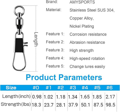 AMYSPORTS Steel Stainless Snap Swivels Saltwater Ball Bearing Fishing Swivel Lure Connector Barrel Swivels Fishing Tackle Black Nickel