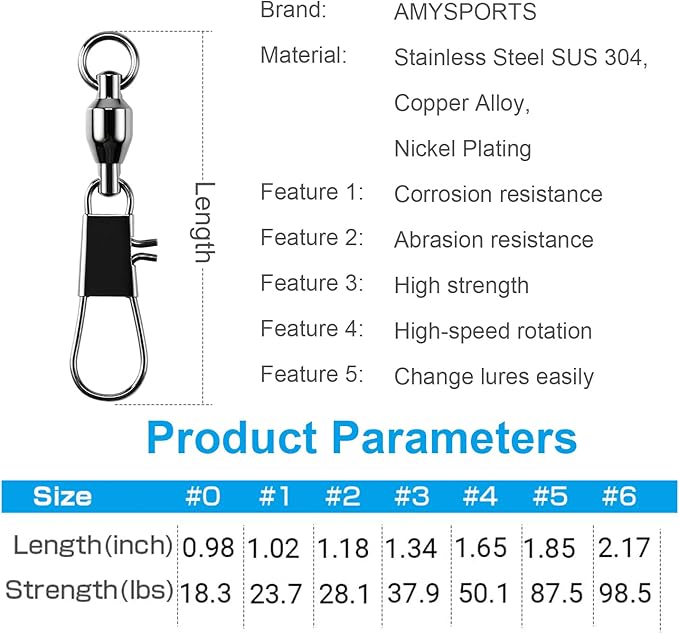 AMYSPORTS Steel Stainless Snap Swivels Saltwater Ball Bearing Fishing Swivel Lure Connector Barrel Swivels Fishing Tackle Black Nickel