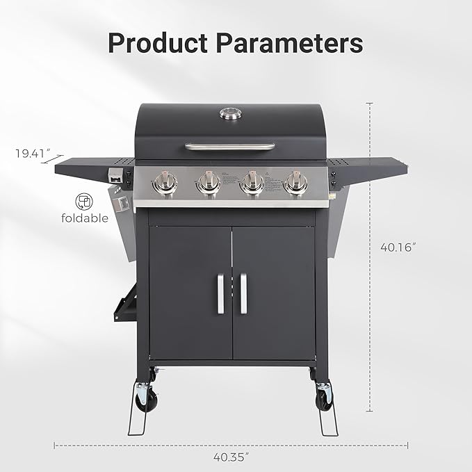 4-Burner Propane BBQ Grill, Stainless Steel Outdoor Gas Grill with 40,000 BTU, Porcelain-Coated Grates and Foldable Side Shelves, Perfect for Patio & Backyard Cooking