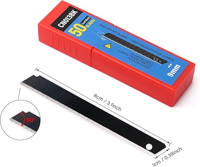 FOSHIO 100PCS 60 Degree Carbon Steel Snap Off Blades 9mm for Box Cutters Utility Knife Universal Art Knife Replacement Black Blades