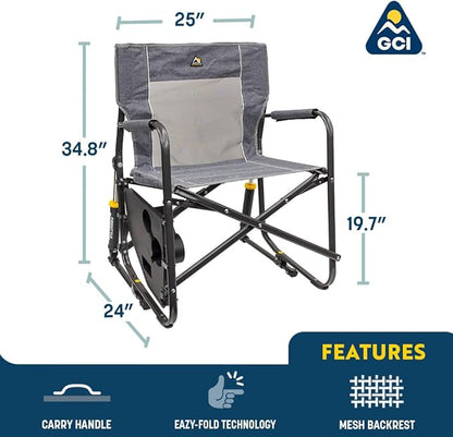 GCI OUTDOOR Freestyle Rocker with Side Table Camping Chair | Portable Folding Rocking Chair with Solid, Durable Armrests, Drink Holder & Comfortable Backrest — Heathered Indigo