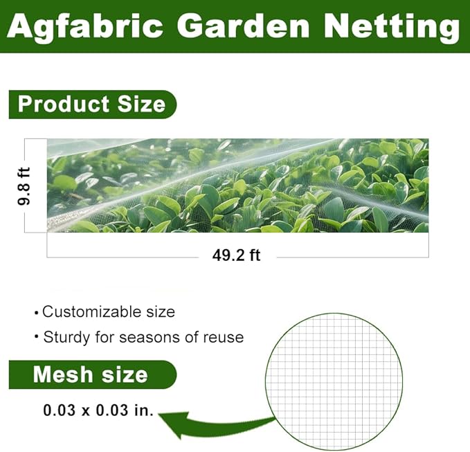 Agfabric Garden Netting 9.8X 49.2 FT Insect Pest Barrier Bird Netting for Garden Protection,Row Cover Mesh Netting for Vegetables Fruit Trees and Plants,White