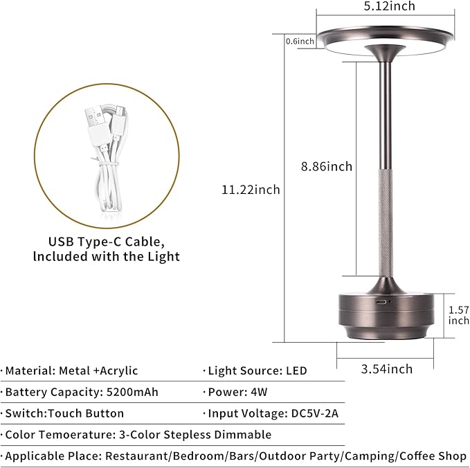 Rechargeable Cordless LED Table Lamps Touch Sensor Light, 3-Levels Portable Dimming Wireless Battery Operated Lamp，Nightstand Lamp/Night Light/Restaurant Table/Outdoor/Coffee/Bar (Grey)