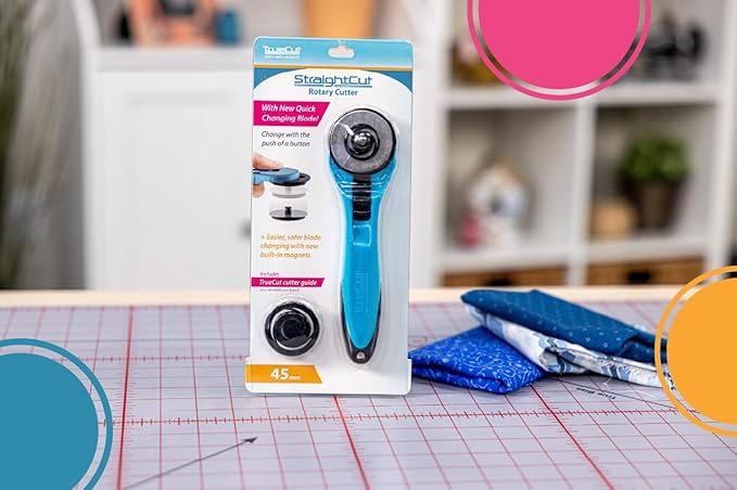 TrueCut Straight Rotary Cutter - 45mm Ergonomic Wheel Cutter for Fabric & Crafting - Left or Right-Handed - Track-and-Guide Ruler - Quilting and Sewing Supplies