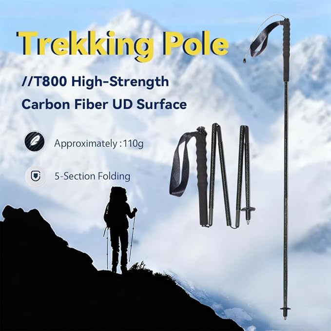 High Strength 5-Section Foldable Carbon Fiber Trekking Poles - 115g/125g/130g, Compact Hiking Staff for Men & Women, Ideal for Hiking, Trekking, Mountaineering & Backpacking