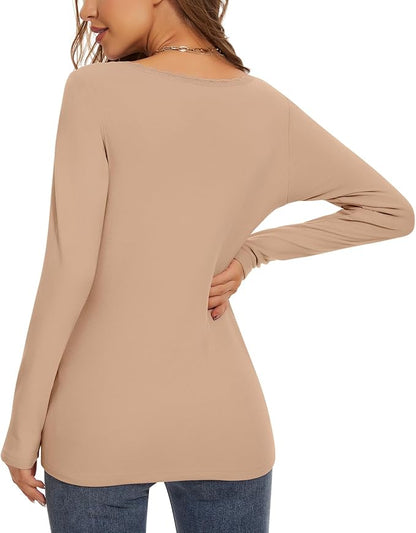 WOWENY Women Thermal Long Sleeve Shirt Fleece Lined Basic Fitted Tops Lace V Neck Undershirts Winter Tight Base Layer