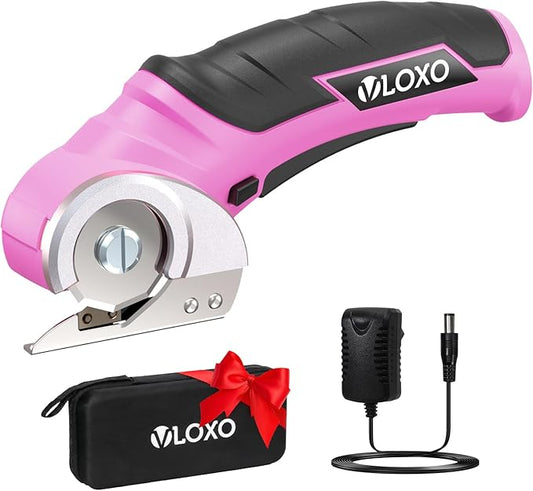 VLOXO Cardboard Cutter, Cordless Electric Scissors for Leather with Safety Lock, Box Cutter Electric Multi-Cutting Tools Rechargeable Powerful Scissors for Canvas Leather Plastic with Storage Box Pink