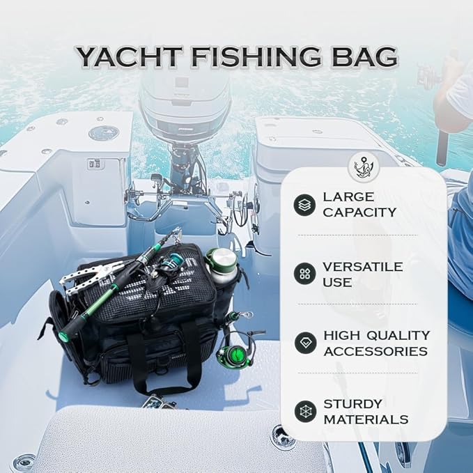 Ghosthorn Fishing Tackle Bag with Rod Holder Saltwater & Freshwater Resistant Tackle Box Bag - Waterproof Base, Adjustable Padded Shoulder Strap (Black Camouflage)