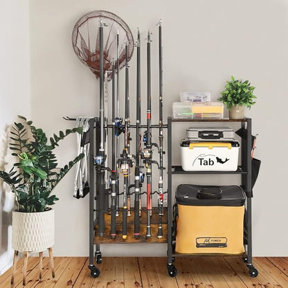 Olakee Fishing Rod Holder, Fishing Pole Holders for Garage Boat Home Entryway Fishing Gear Storage with Tackle Cart Ideal Gift for Men Dad Anglers Corner Design for Rods and Equipment Organizers
