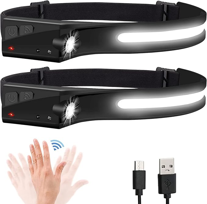 Headlamp Flashlight, 2Pack Rechargeable LED Headlamps 1200Lumens 2 COB 230°Wide Beam Headlight with Motion Sensor Bright 5 Modes Lightweight Waterproof Head Lamp for Outdoor Running, Camping Hiking