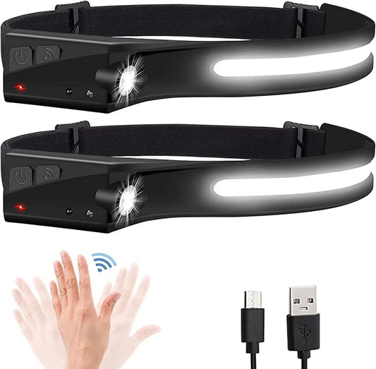 Headlamp Flashlight, 2Pack Rechargeable LED Headlamps 1200Lumens 2 COB 230°Wide Beam Headlight with Motion Sensor Bright 5 Modes Lightweight Waterproof Head Lamp for Outdoor Running, Camping Hiking